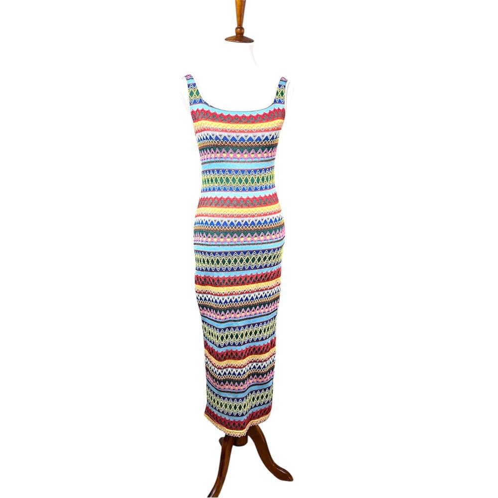 Y2K 90s Multicolor Knit Maxi Dress Small Bodycon Sleeveless Stretch Boho